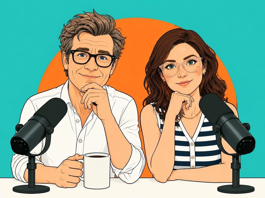 Rüdiger Pläster und Yvonne Romes-Schillack als Comic-Illustration nebeneinander am Podcast-Tisch, jede:r mit eigenem Mikrofon